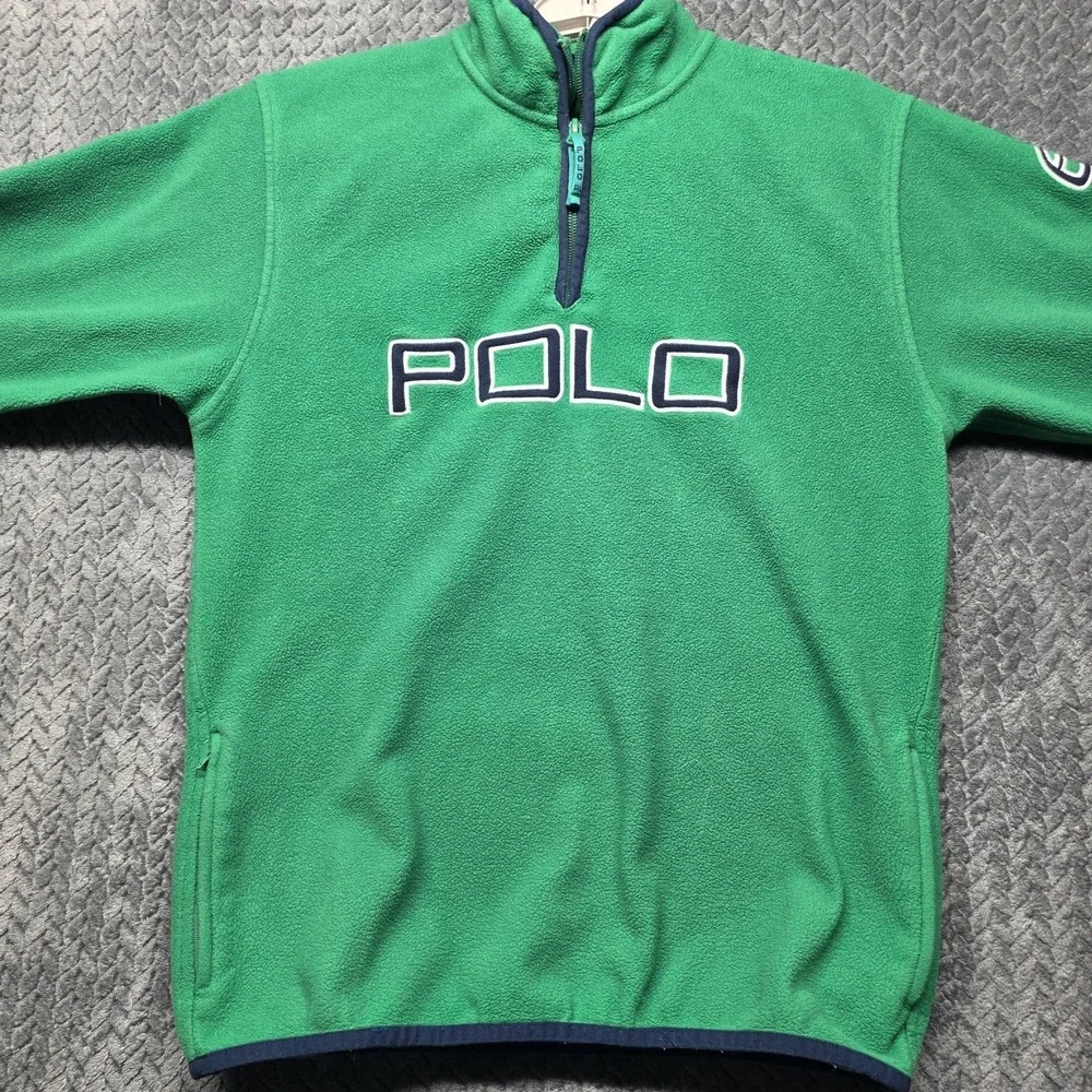 Polo by Ralph‎ Lauren Youth Quarter Zip Fleece Pullover Green Y2K Logo L 16/18